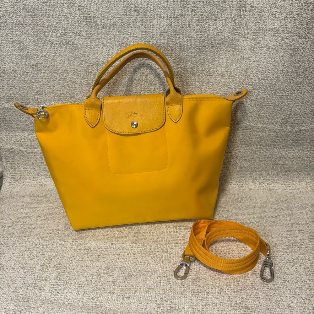 Longchamp Le Pillage Yellow Tote/Crossbody. Canvas And Leather